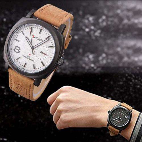 WHITE  CURREN MODEL 8139 SPORTS WATCH WITH GENUINE LEATHER STRAP QUARTZ WRISTWATCH