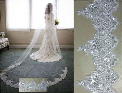 PREMIUM QUALITY LUXURIOUS  WHITE 3M BRIDAL WEDDING VEIL WITH COMB LACE SEQUINS EDGE - ALSO IN IVORY