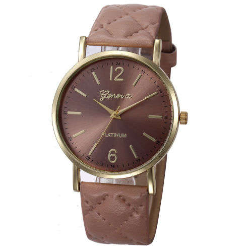 GENEVA PLATINUM - NEW DESIGN - LADIES COFFEE COLOUR  WATCH WITH QUILTED EFFECT PU LEATHER STRAP