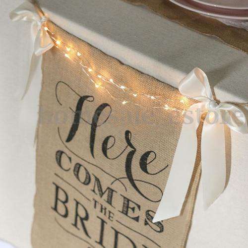 WEDDING DAY "HERE COMES THE BRIDE"  BURLAP & WHITE SATIN RIBBON SIGNS FOR DECOR
