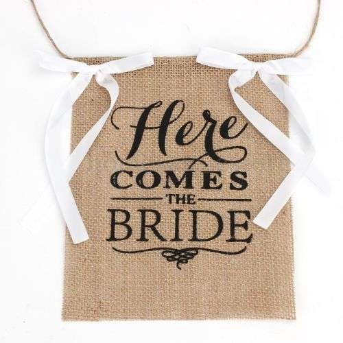 WEDDING DAY "HERE COMES THE BRIDE"  BURLAP & WHITE SATIN RIBBON SIGNS FOR DECOR