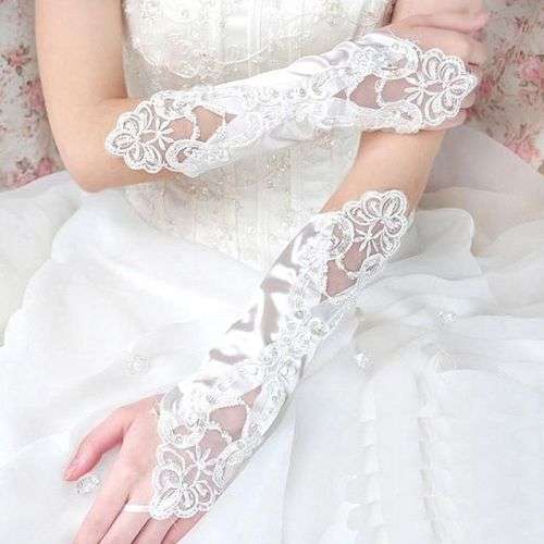 WEDDING / BRIDAL ELBOW LENGTH WHITE SATIN AND PEARL FINGERLESS GLOVES BEAUTIFULLY EMBROIDERED