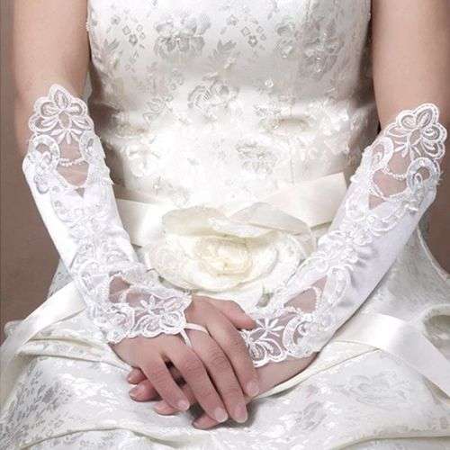 WEDDING / BRIDAL ELBOW LENGTH WHITE SATIN AND PEARL FINGERLESS GLOVES BEAUTIFULLY EMBROIDERED