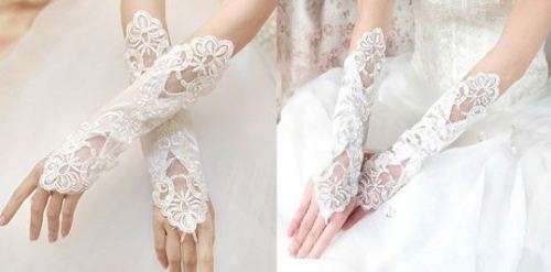 WEDDING / BRIDAL ELBOW LENGTH WHITE SATIN AND PEARL FINGERLESS GLOVES BEAUTIFULLY EMBROIDERED