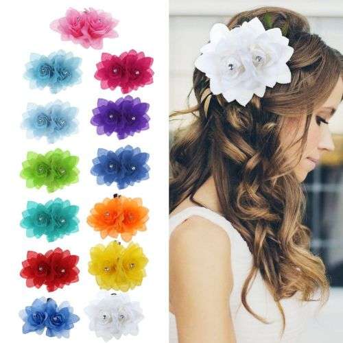 MARKED DOWN!!    HAIRCLIP WITH 2 TURQUOISE FLOWERS WITH RHINESTONE CENTRE  - PERFECT 4 FLOWERGIRL