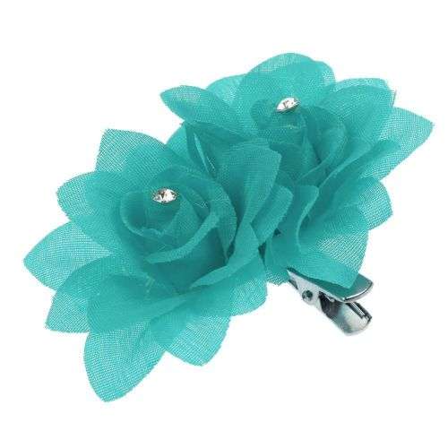 MARKED DOWN!!    HAIRCLIP WITH 2 TURQUOISE FLOWERS WITH RHINESTONE CENTRE  - PERFECT 4 FLOWERGIRL
