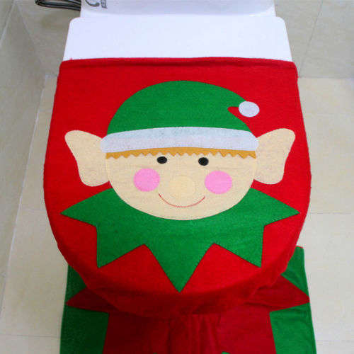 SMILING ELF XMAS CHRISTMAS BATHROOM SET XMAS DECOR - ALSO AVAILABLE IN SANTA DESIGN