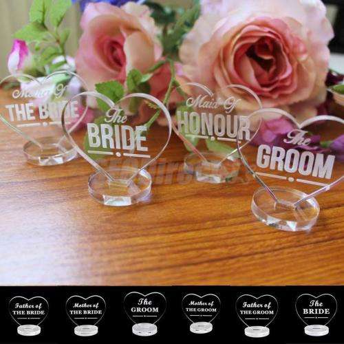 SANDBLASTED ACRYLIC "BRIDE" AND "GROOM" (2 PIECE) PLACE SETTING IN HEART SHAPE WITH STAND