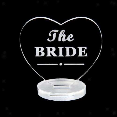 SANDBLASTED ACRYLIC "BRIDE" AND "GROOM" (2 PIECE) PLACE SETTING IN HEART SHAPE WITH STAND