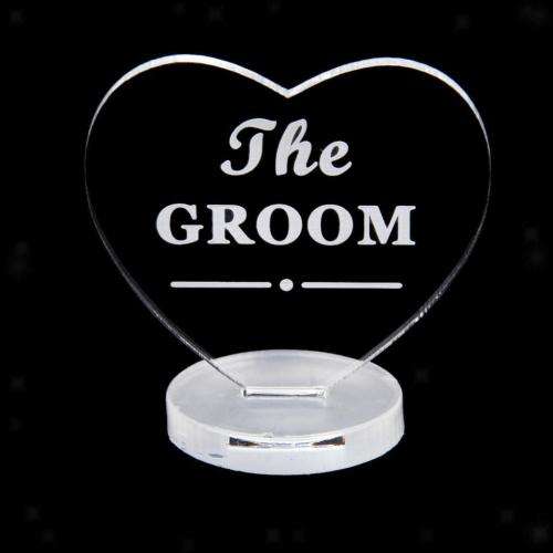 SANDBLASTED ACRYLIC "BRIDE" AND "GROOM" (2 PIECE) PLACE SETTING IN HEART SHAPE WITH STAND