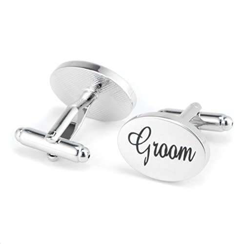 ELEGANT  HIGH QUALITY " GROOM  " CUFFLINKS IN  BLACK SCROLL ENGRAVED SILVER PLATED