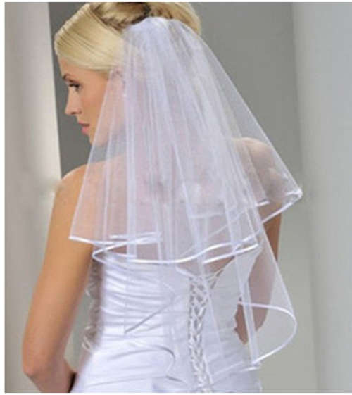 BRIDE ON A BUDGET SALE!!! 2 TIER (BLUSHER VEIL) IVORY BRIDAL VEIL WITH COMB & SATIN RIBBON EDGE