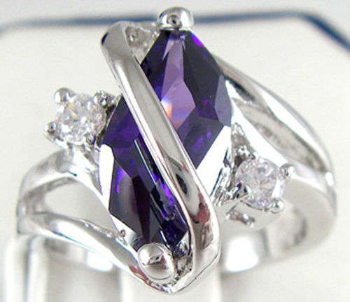 UNIQUE DESIGN RING WITH MARQUISE CUT AMETHYST CZ  IN SILVER PLATED RING SIZE 8 (Q)