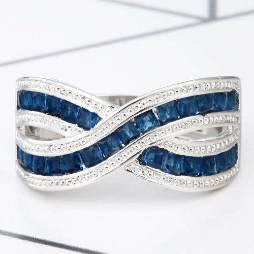 UNIQUE DESIGN RING WITH EMERALD CUT BLUE AND WHITE SAPPHIRE CZ SILVER PLATED RING SIZE 10.5  (U 1/2)