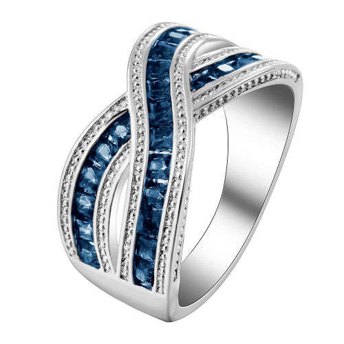 UNIQUE DESIGN RING WITH EMERALD CUT BLUE AND WHITE SAPPHIRE CZ SILVER PLATED RING SIZE 10.5  (U 1/2)