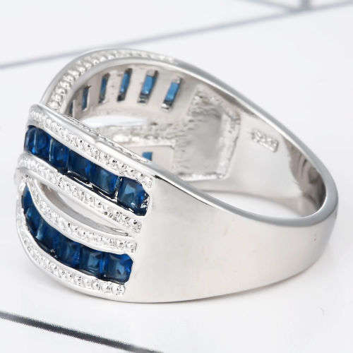 UNIQUE DESIGN RING WITH EMERALD CUT BLUE AND WHITE SAPPHIRE CZ SILVER PLATED RING SIZE 10.5  (U 1/2)