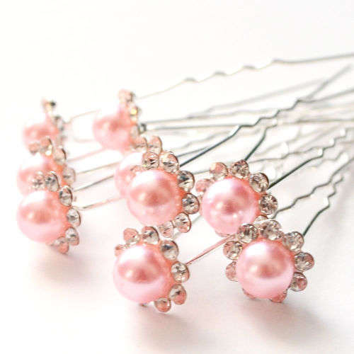 4PCS  WEDDING BRIDAL HAIR PINS - PINK FAUX PEARLS AND CRYSTAL - TO ADORN HAIR OR ATTACH VEIL