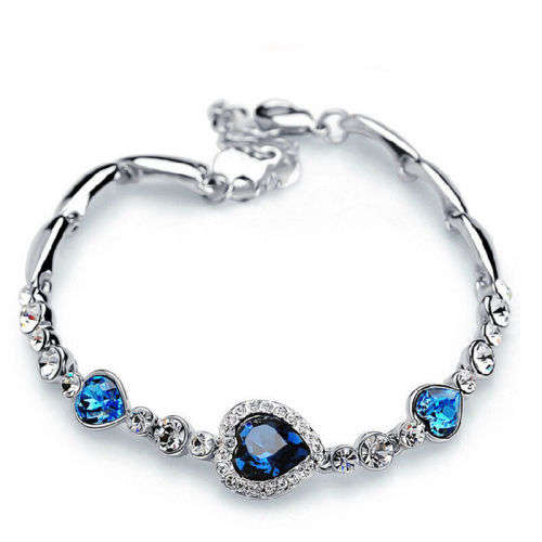 3 SPARKLING SAPPHIRE  RHINESTONES HEARTS ON  WHITE RHINESTONE LINK  BRACELET  BRIDAL JEWELLERY