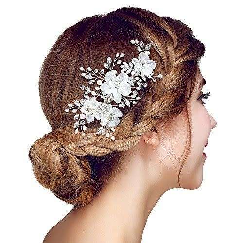 BRIDAL HAIRPIN -FLOWER IN SATIN WITH RHINESTONE CENTRE MULTI-BRANCH OF FAUX PEARLS AND CLEAR BEADS