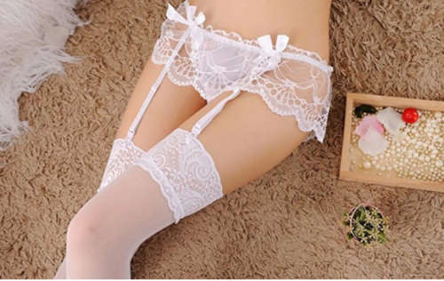 BRIDAL LINGERIE SET - SEXY SHEER WHITE GARTER SUSPENDER WITH LACE THONG WITH PINK RIBBONS