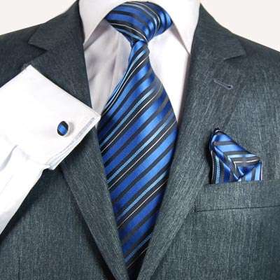 IMPORTED - 100% HANDWOVEN SILK MATCHING TIE + HANKY + CUFFLINKS  - BLUE
