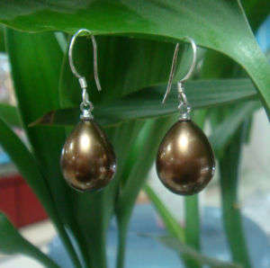 UNUSUAL HUGE BEAUTIFUL CHOCOLATE TEARDROP PEARL SHELL EARRINGS
