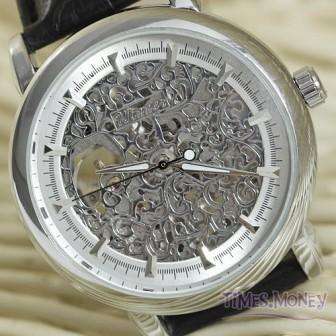 UNIQUE SKELETON FULL SILVER MECHANICAL  MENS WATCH WITH LEATHER STRAP