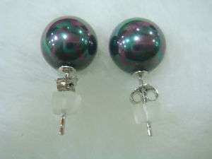 8mm PERFECT ROUND PEACOCK GREEN PEARL STUD EARRINGS