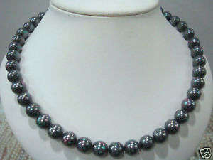 8mm PERFECT ROUND PEACOCK GREEN PEARL NECKLACE