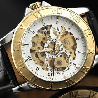 Mens  Gold Circle Rome Skeleton Automatic Steel Watch