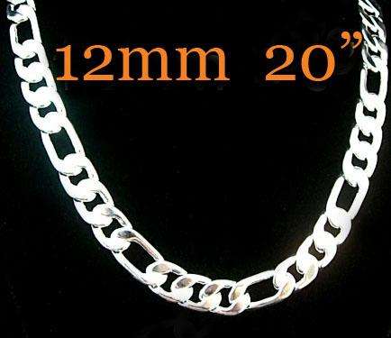 SOLID 925 STERLING SILVER 12 MM WIDE - 51CM LONG FIGARO CHAIN