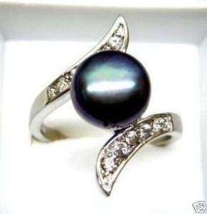 GENUINE BLACK FRESH WATER PEARL AND WHITE TOPAZ RING CRAFTED IN 925 STERLING SILVER