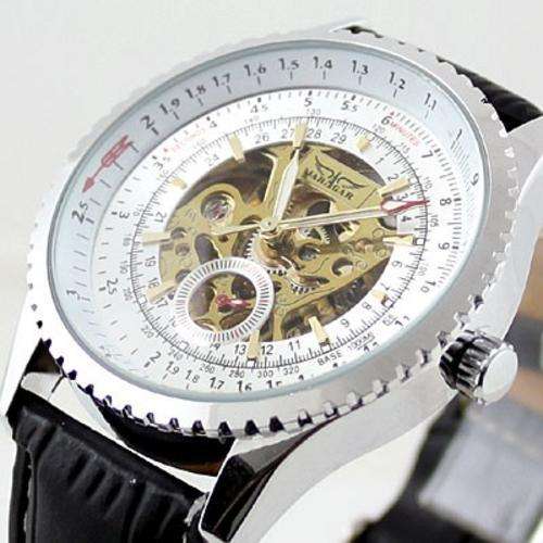 MEN'S AUTOMATIC (KENETIC) WHITE SKELETON WATCH WITH GENUINE LEATHER STRAP