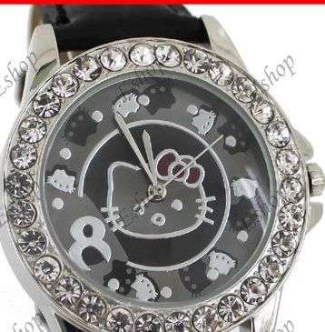 BEAUTIFUL BLACK "HELLO KITTY" CRYSTAL SURROUNDED WATCH WITH LEATHER STRAP