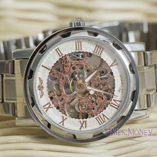 STYLISH MEN'S SKELETON AUTOMATIC ROSE GOLD & STAINLESS STEEL WRISTWATCH