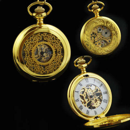 LATEST FASHION MEN'S GOLD SKELETON POCKET WATCH WITH CHAIN