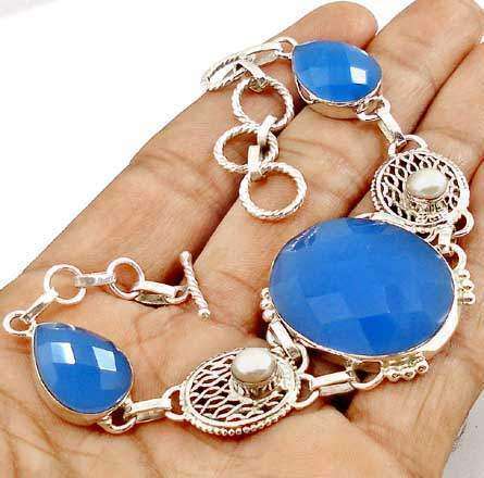 INSANE PRICE "LAST ONE - ON SALE" CHALCEDONY & PEARL BRACELET CRAFTED IN 925 STERLING SILVER