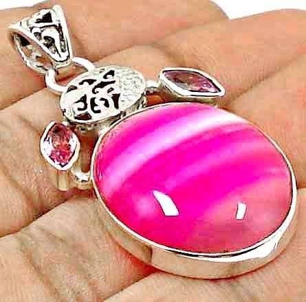 "PAYDAY GIVEAWAY" 31ct GENUINE PINK LACE AGATE & PINK TOPAZ PENDANT CRAFTED IN .925 STERLING SILVER