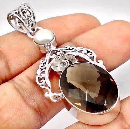 GENUINE SMOKEY TOPAZ & PEARL PENDANT CRAFTED IN HALLMARKED .925 STERLING SILVER