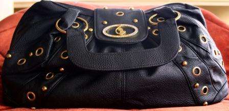 "BABY PHAT" BLACK FAUX  LEATHER  HANDBAG WITH GOLD DETAILING