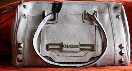 WHITE GUESS  FAUX OSTRICH LEATHER  HANDBAG WITH SILVER DETAILING