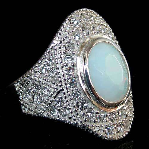 "STUNNING" OVAL OPALITE & WHITE CZ RING CRAFTED IN HALLMARKED 925 STERLING SILVER