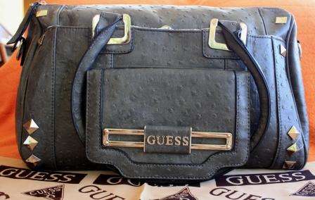 BEAUTIFUL CHARCOAL GUESS  FAUX OSTRICH LEATHER  HANDBAG WITH SILVER DETAILING