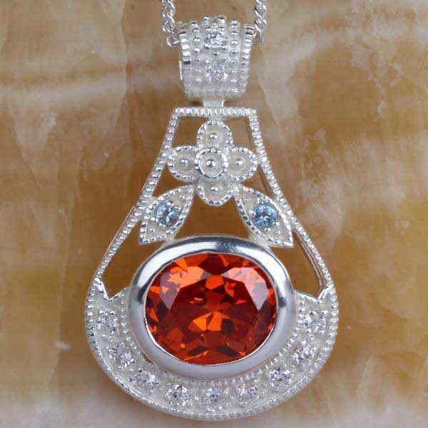 FREE CHAIN!! GARNET QUARTZ & BLUE TOPAZ CZ PENDANT IN HALLMARKED 925 STERLING SILVER