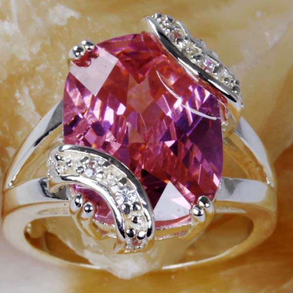 HUGE PINK TOPAZ CZ & WHITE TOPAZ CZ RING CRAFTED IN HALLMARKED .925 STERLING SILVER SIZE 8