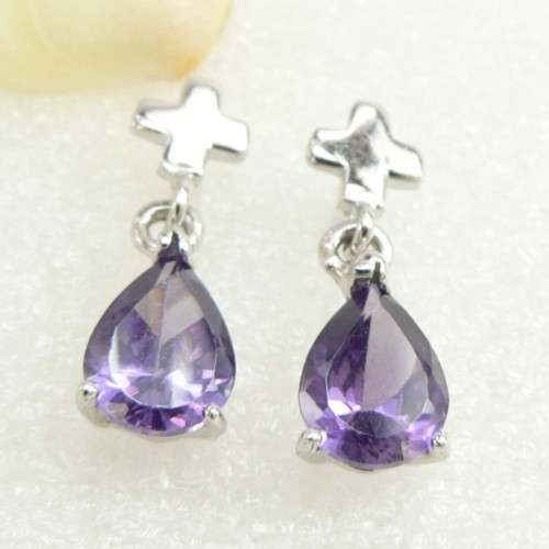 "AMAZING" PEAR CUT AMETHYST QUARTZ CROSS EARRINGS CRAFTED IN .925 STERLING SILVER