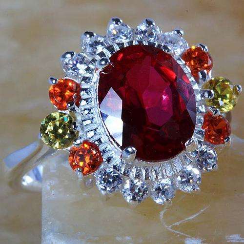 RUBY QUARTZ , MULTI-GEM & WHITE TOPAZ CZ RING CRAFTED IN HALLMARKED 925 STERLING SILVER
