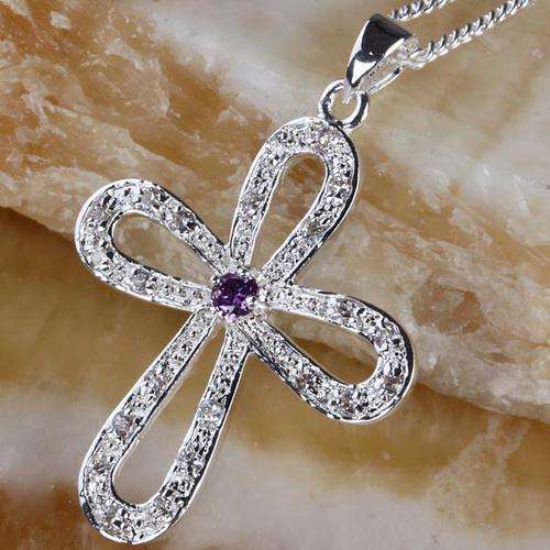 AMETHYST QUARTZ UNUSUAL CROSS PENDANT CRAFTED IN SILVER NECKLACE CHAIN INCLUDED
