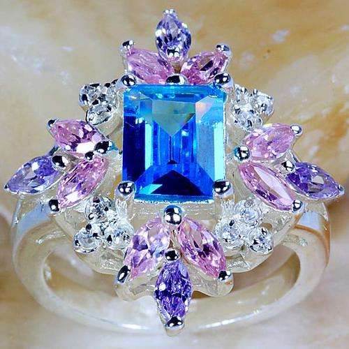 "STOCK CLEARANCE - NEVER TO BE REPEATED!! EMERALD CUT BLUE TOPAZ, PINK TOPAZ & WHITE QUARTZ RING