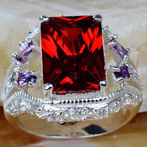 "STOCK CLEARANCE - NEVER TO BE REPEATED!! EMERALD CUT GARNET, AMETHYST & WHITE QUARTZ RING
